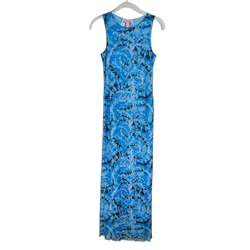 Something New Serena Print Sleeveless Mesh Maxi Dress Malibu Blue Aop Violeta XS